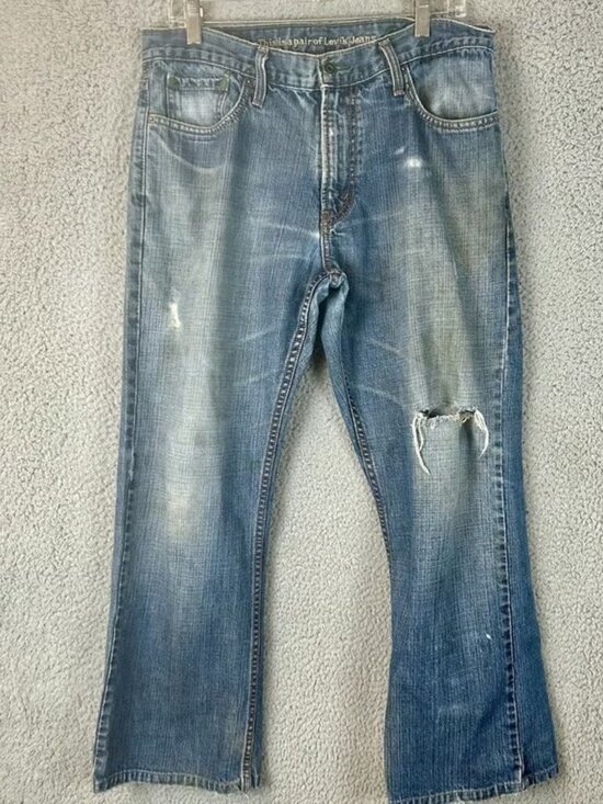 Vtg Blue Levi's 527 Denim Jeans Men's Low Boot Cut Cowboy Distressed 33x29 - Picture 1 of 4